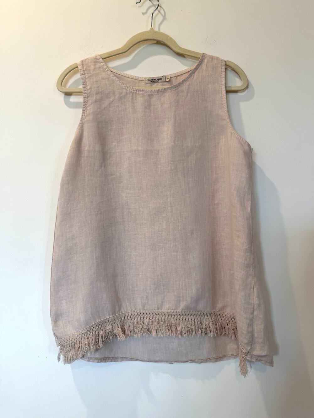Valentina Naldi 100% linen tank Sz S beige tan fringe boho Itlaly natural fiber